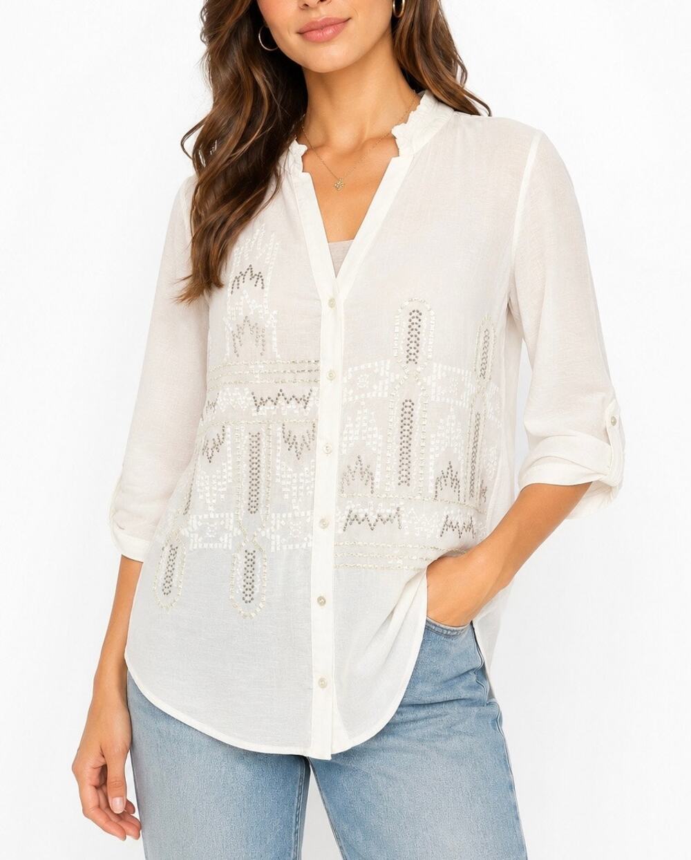 Rapsodia Ivory White Embroidered Boho Blouse 3/4 Sleeve Detail Size Medium